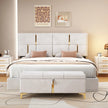 Modern Beige Velvet Platform Bed with Gold Accents and Hydraulic Storage Ottoman