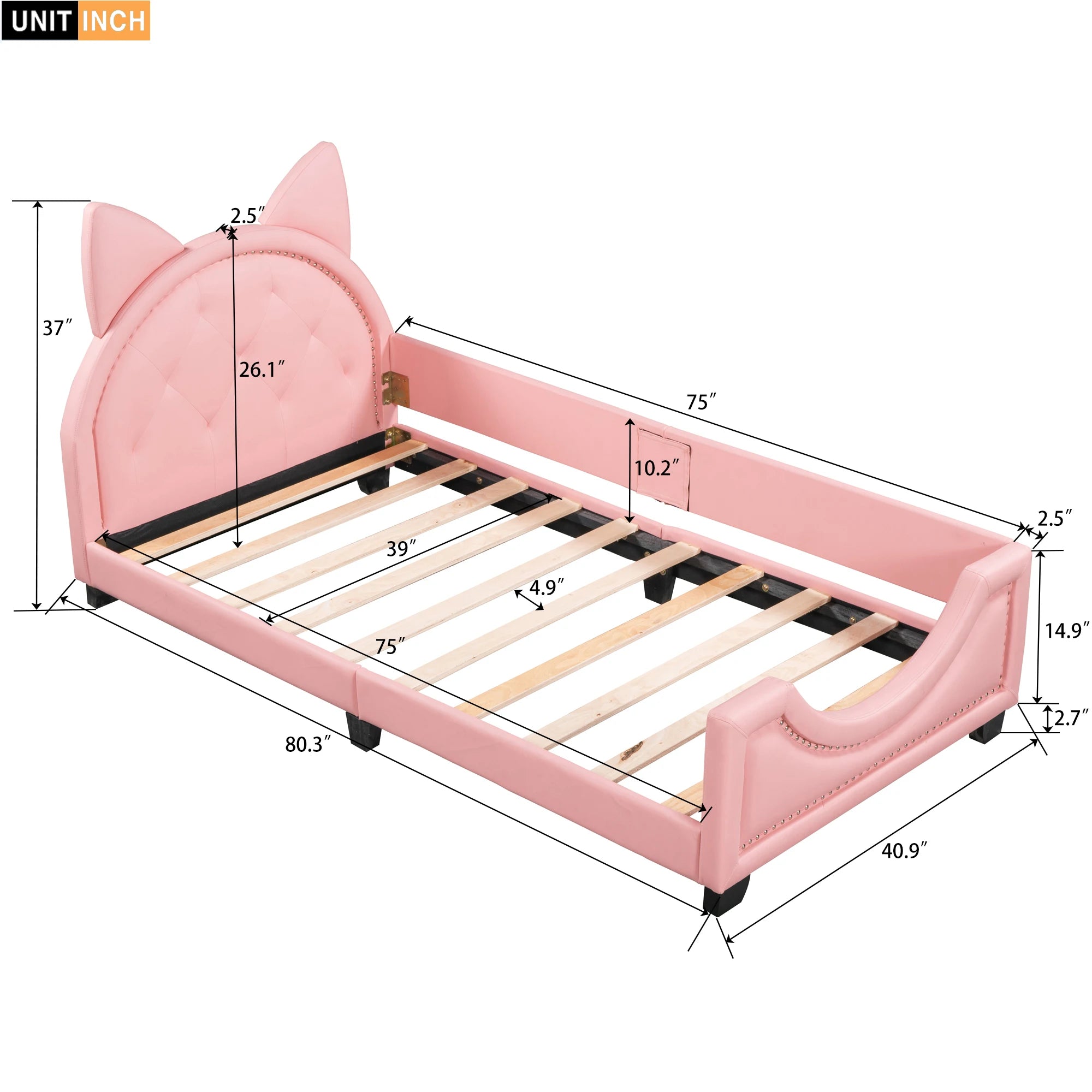 Twin Size PU & Upholstered Daybed with Carton Ears Shaped Headboard in Pink/White