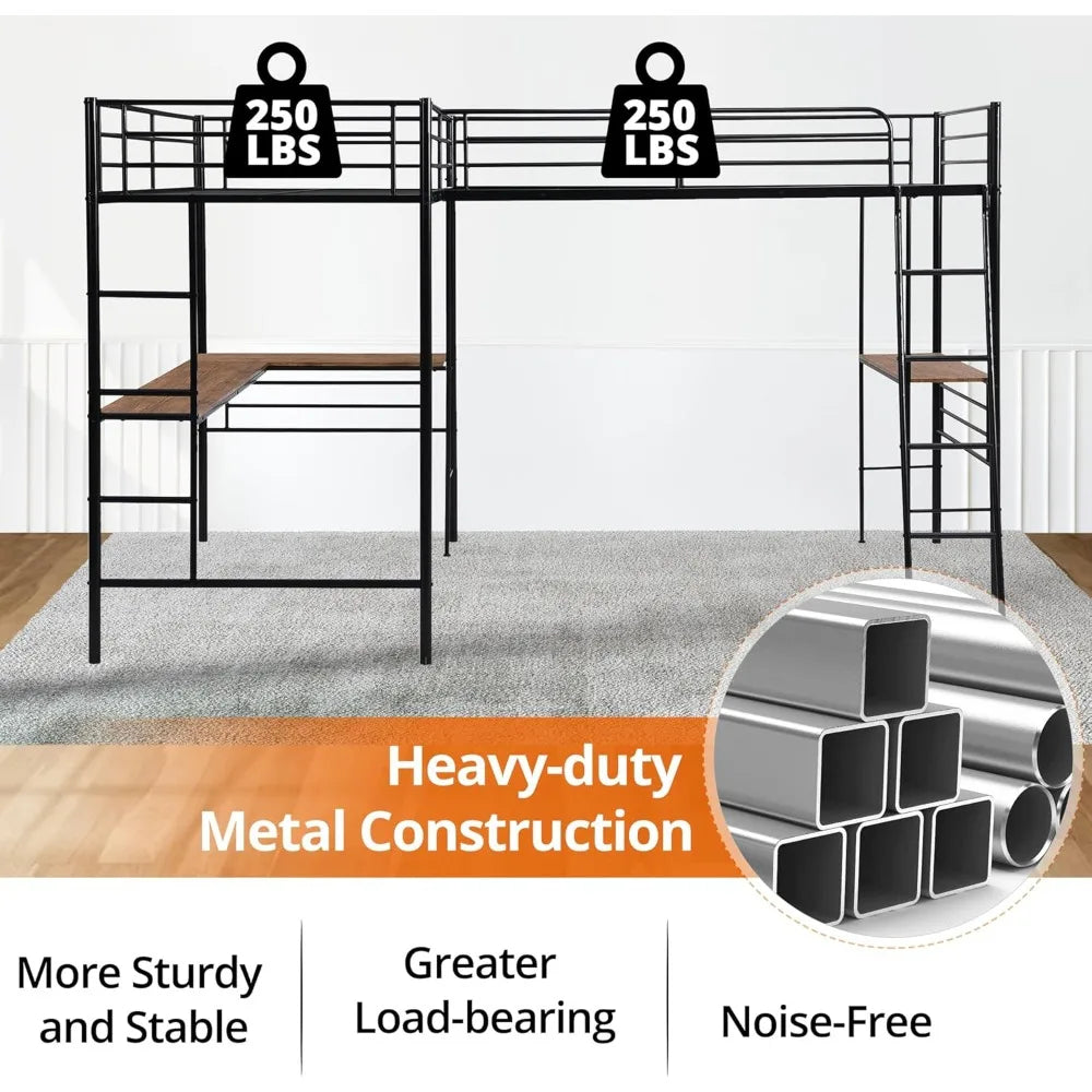 Maximize Space and Functionality: L-Shaped Metal Loft Bed with Built-in Desks for Two