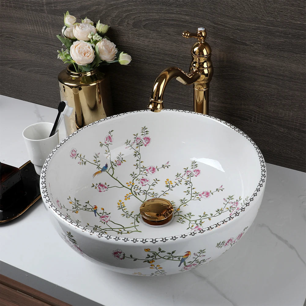 JIENI Bathroom Sinks Set Flower and Bird Painting Circular Ceramics Basin Deck Mount Washbasin W/ Stream Water Faucet Mixer Taps