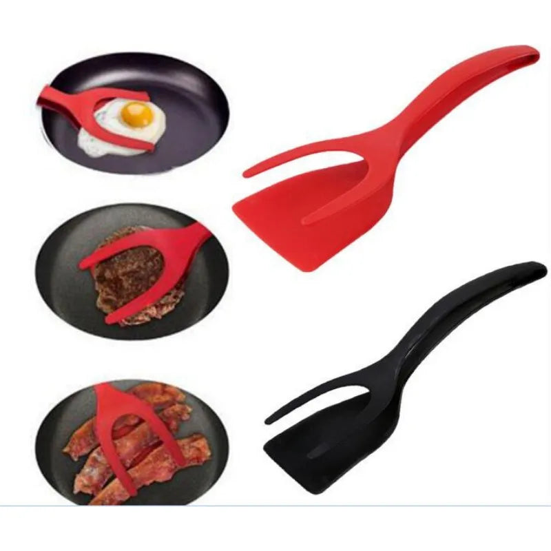 2 in 1 Non Stick Grip Food Flip Fried Egg Tongs Toasted Bread Pancakes Spatula Clamp Kitchen Cooking Turner Flipper Accessories