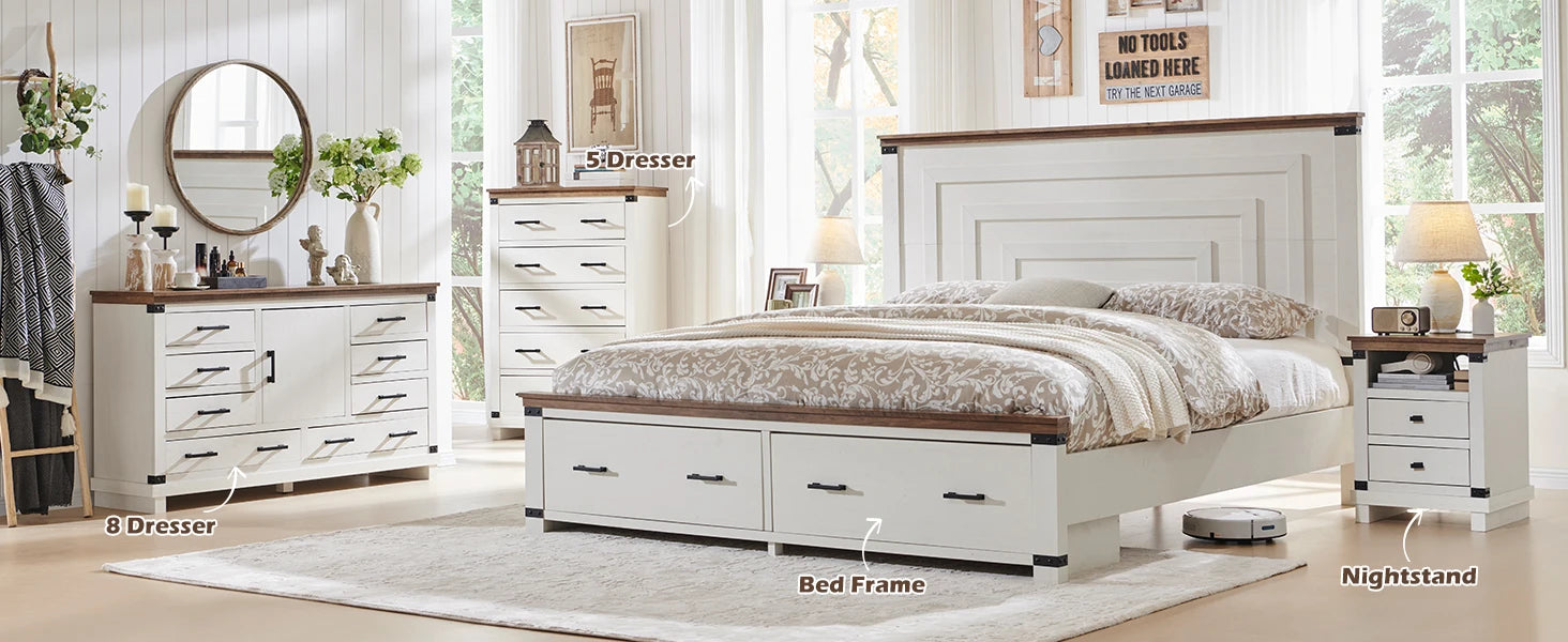 Queen Bed Frame with Storage - Farmhouse Style