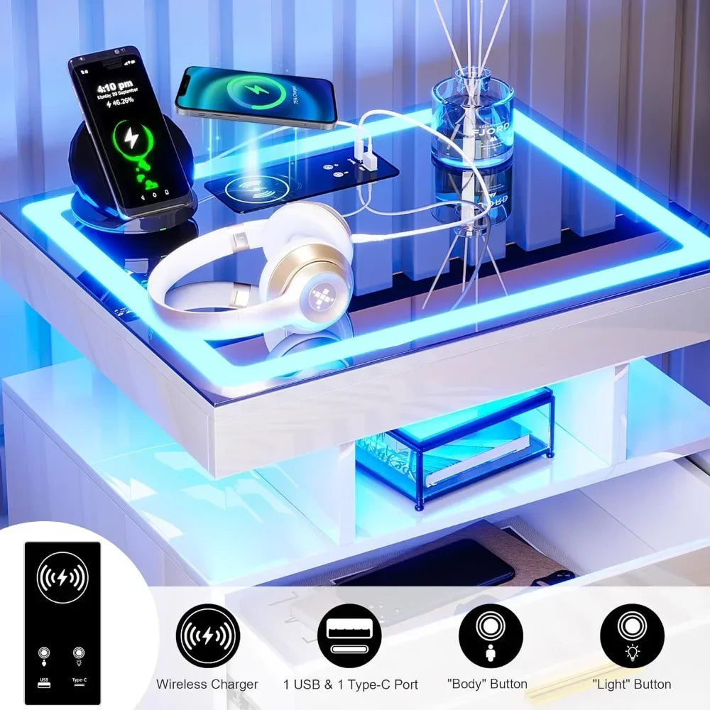 Modern Nightstand with RGB Glass Top and Wireless Charging