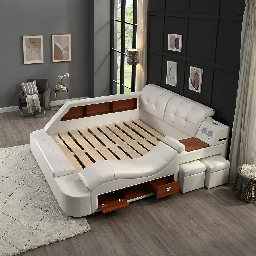 Modern Multi-functional Bed with Storage, Bluetooth Speakers, and Massage Chair