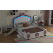 Full Size Seashell-Shaped Upholstered Bed Frame with LED Lights and Children's Slide - Pink & White