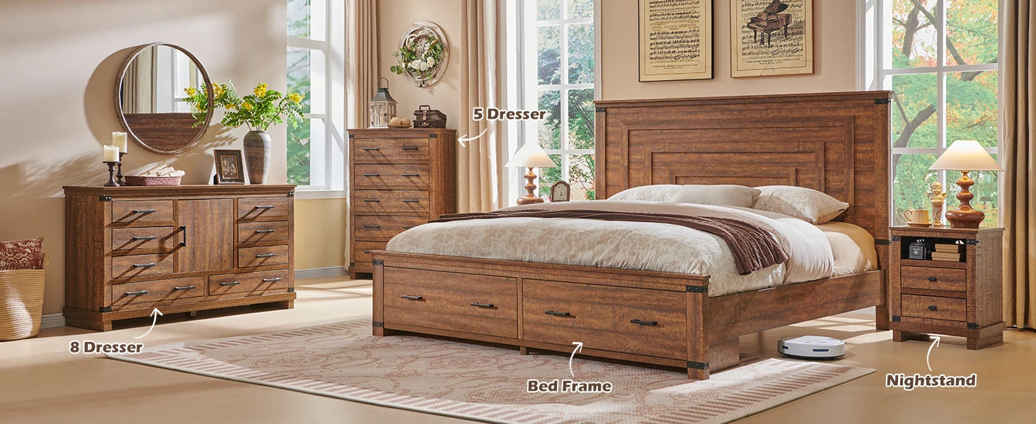 Queen Bed Frame with Storage - Farmhouse Style