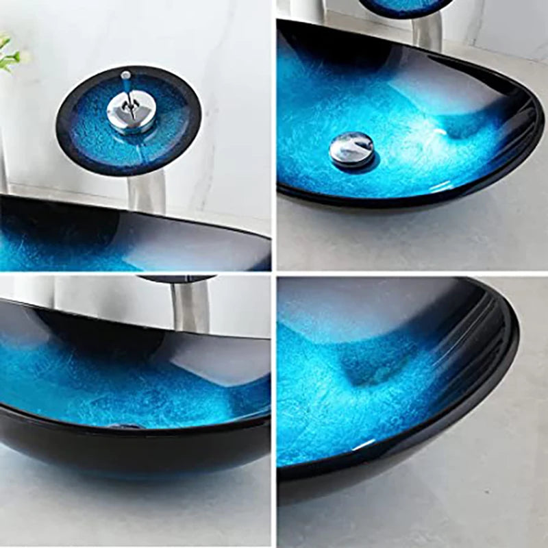 Contemporary Oval Tempered Glass Vessel Sink with Brass Faucet ; Drain Set