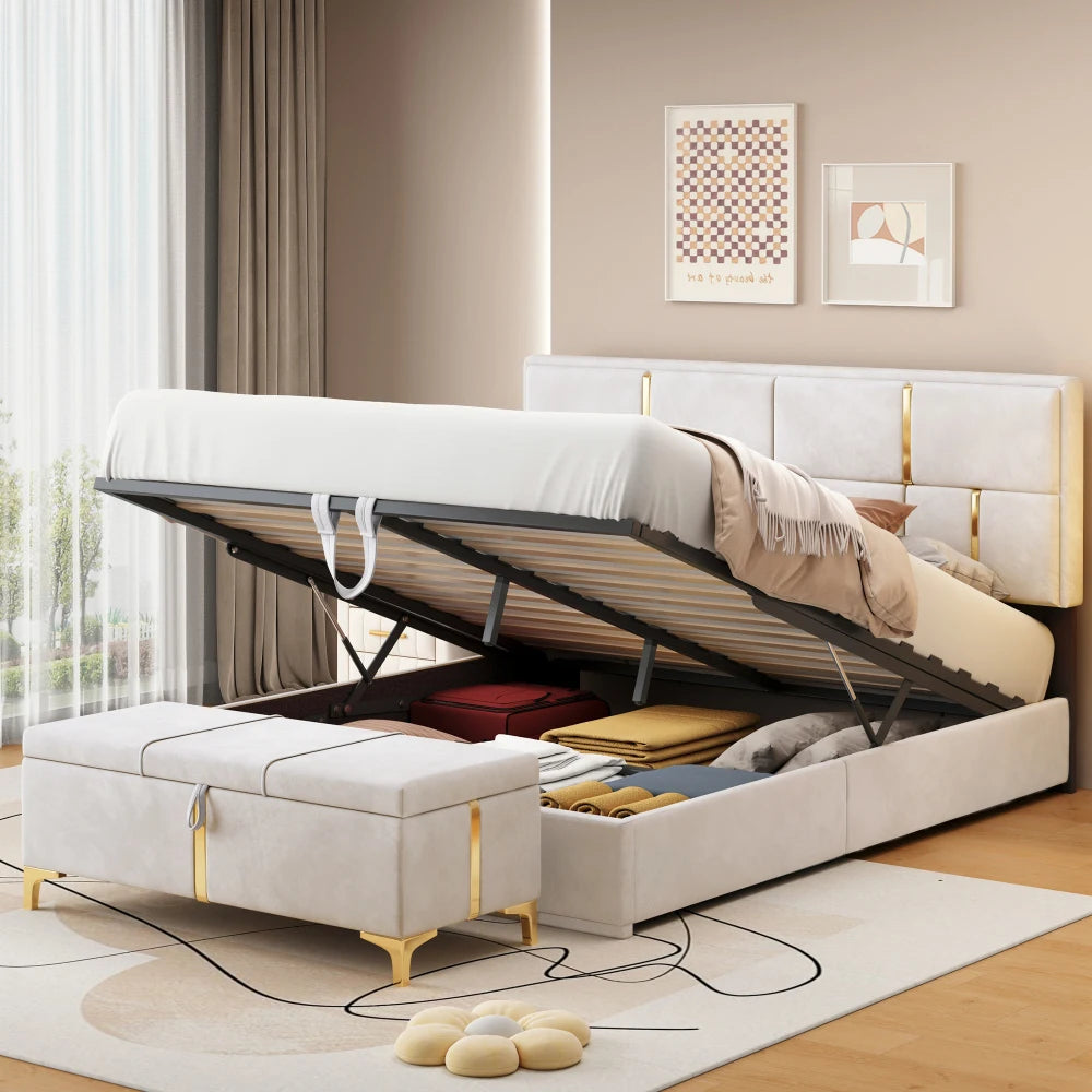 Modern Beige Velvet Platform Bed with Gold Accents and Hydraulic Storage Ottoman