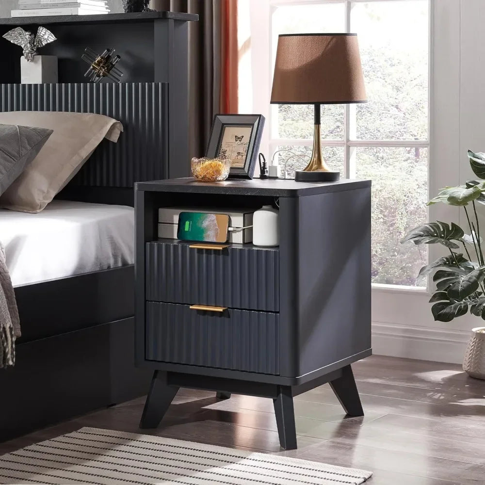 Modern Nightstand with Faux Marble Top, Fluted Design, and Charging Station