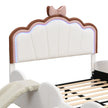 Full Size Seashell-Shaped Upholstered Bed Frame with LED Lights and Children's Slide - Pink & White