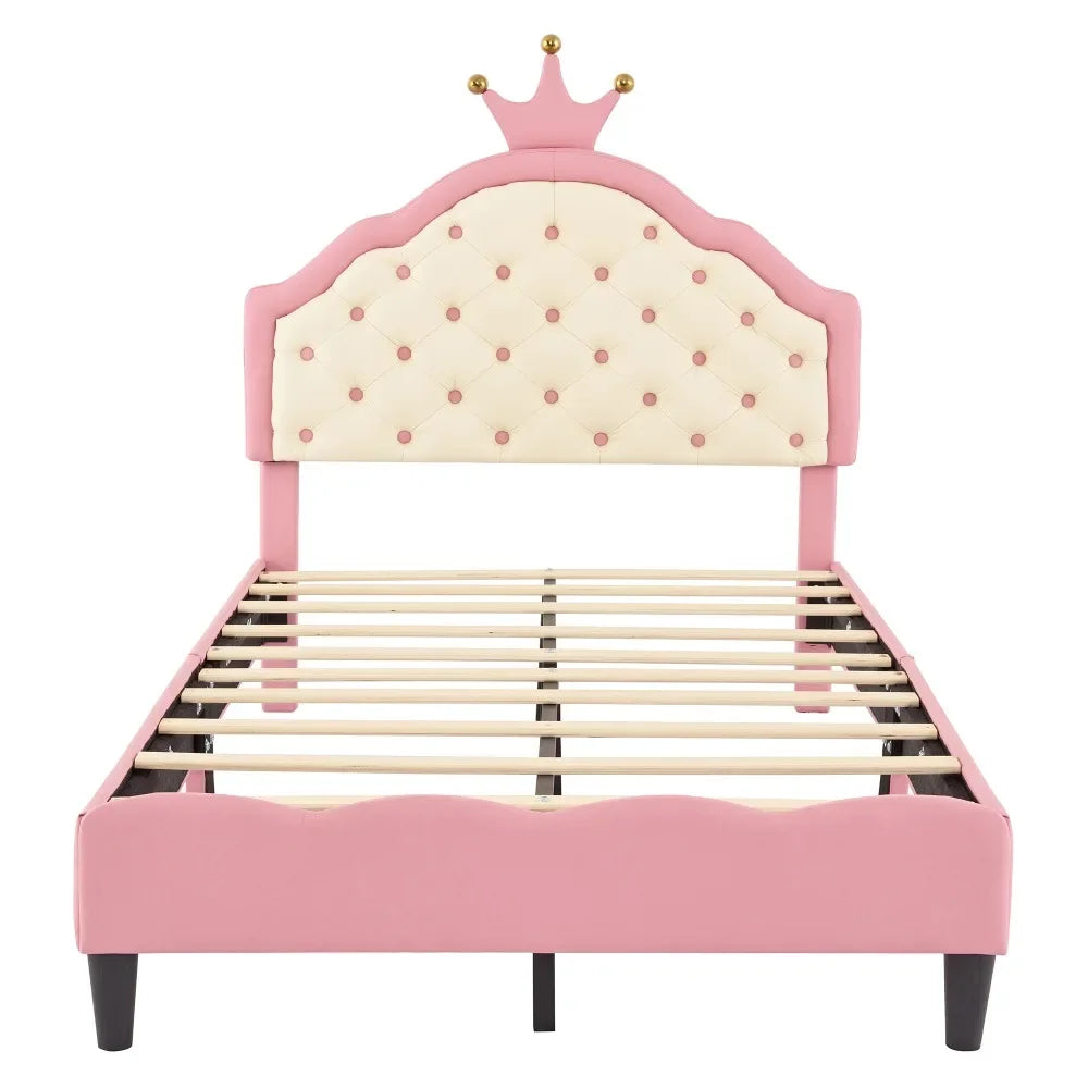 Dreamy Crown-Shaped Twin Bed with Velvet Upholstery - Pink