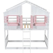 Kid's Wood House Roof Bunk Bed with Slide Ladder and Windows - Twin over Twin, Pink and White