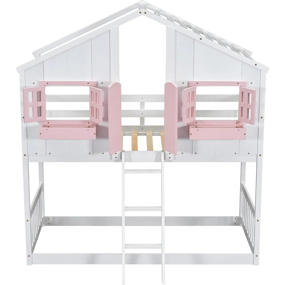 Kid's Wood House Roof Bunk Bed with Slide Ladder and Windows - Twin over Twin, Pink and White