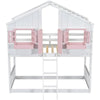 Kid's Wood House Roof Bunk Bed with Slide Ladder and Windows - Twin over Twin, Pink and White