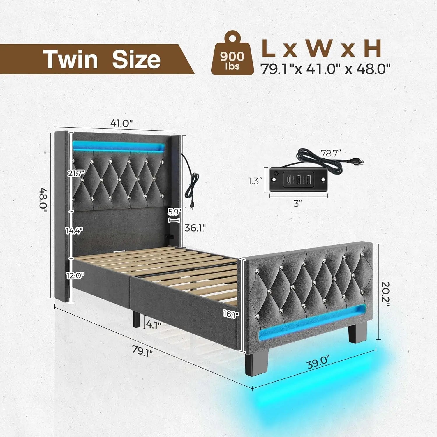 Modern Style Composite Fabrics Bed Frame with RGB LED Light and Charging Station