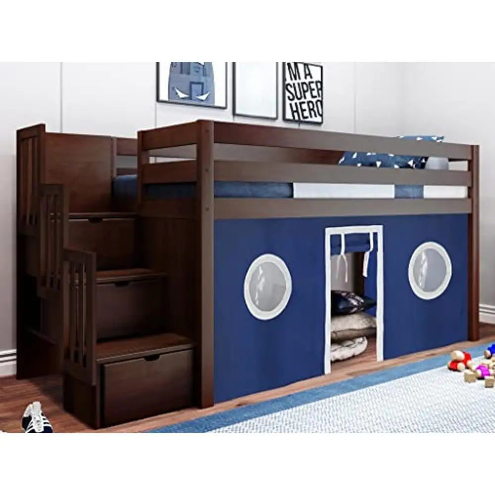 Playful and Functional Cherry Low Loft Twin Bed with Stairway and Blue-White Tent