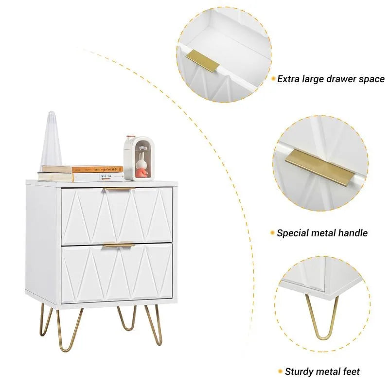 Modern Bedside Table with 2 Drawers & Gold Metal Legs