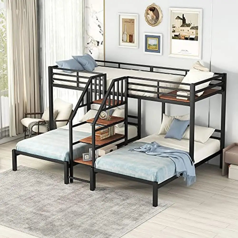 Versatile Metal Bunk Bed with Shelves and Sturdy Frame - Twin/Twin - Black