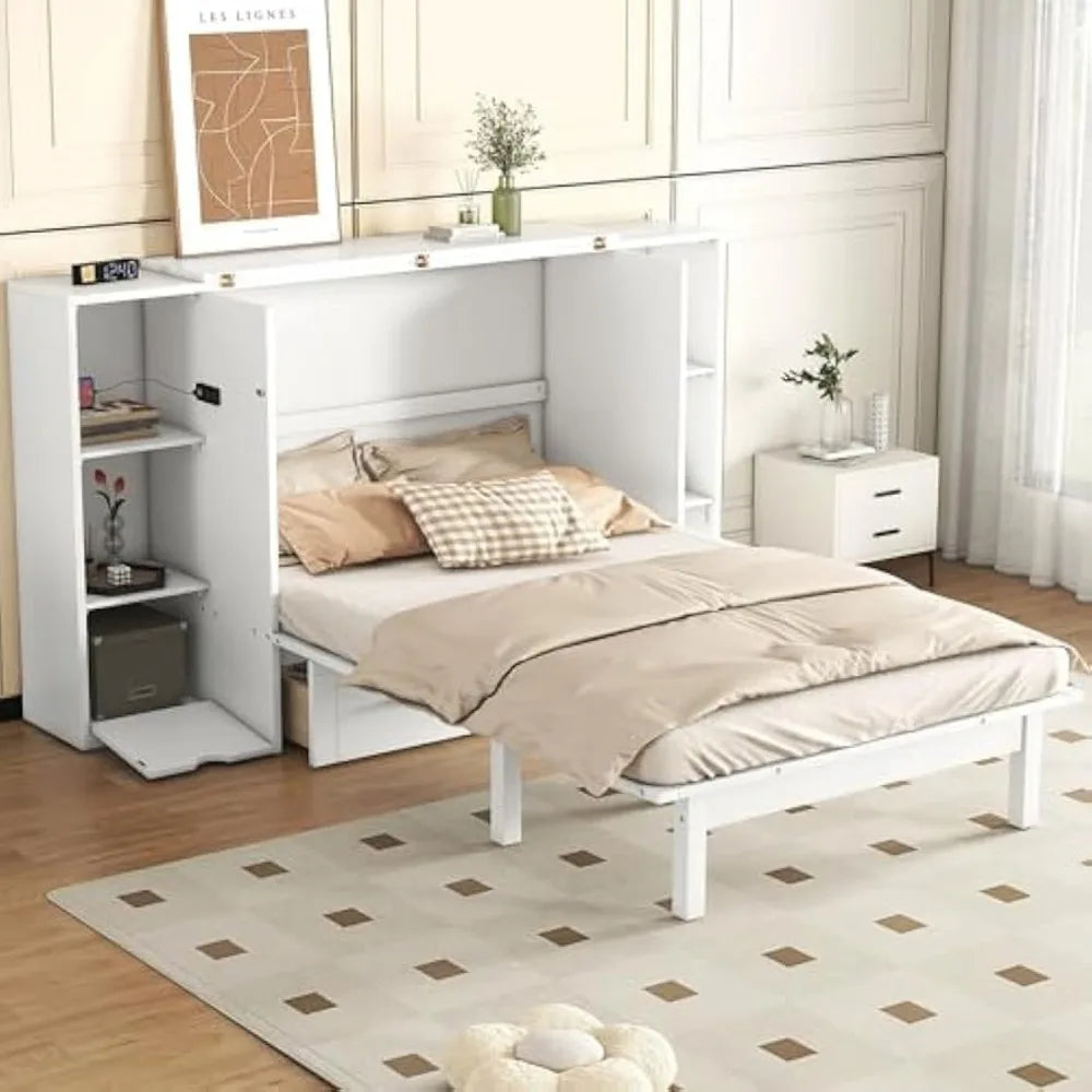 Murphy Bed with Built-in USB Ports, Shelves, and Storage Drawers - Queen Size, White Finish