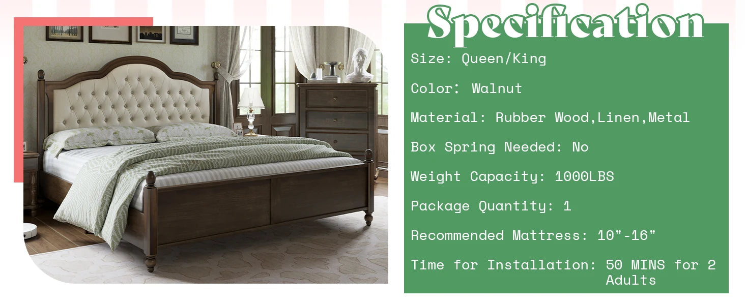 Rubberwood Bed Frame with Elegant Headboard