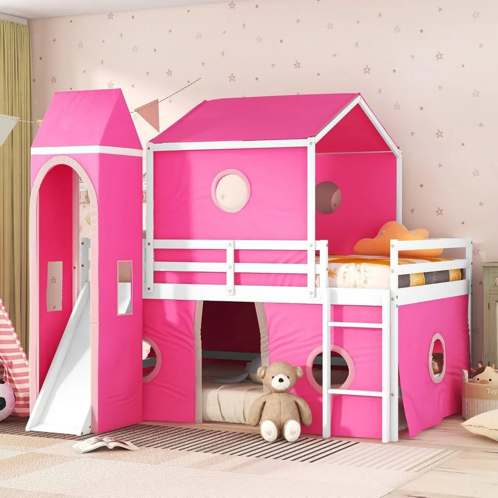 Kids Loft Bed with Slide and Playhouse Design