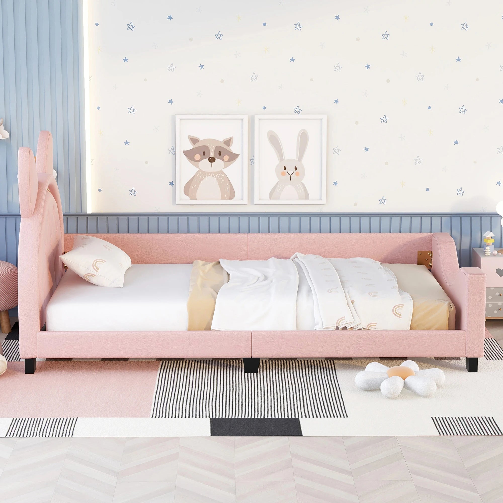 Twin Size PU & Upholstered Daybed with Carton Ears Shaped Headboard in Pink/White