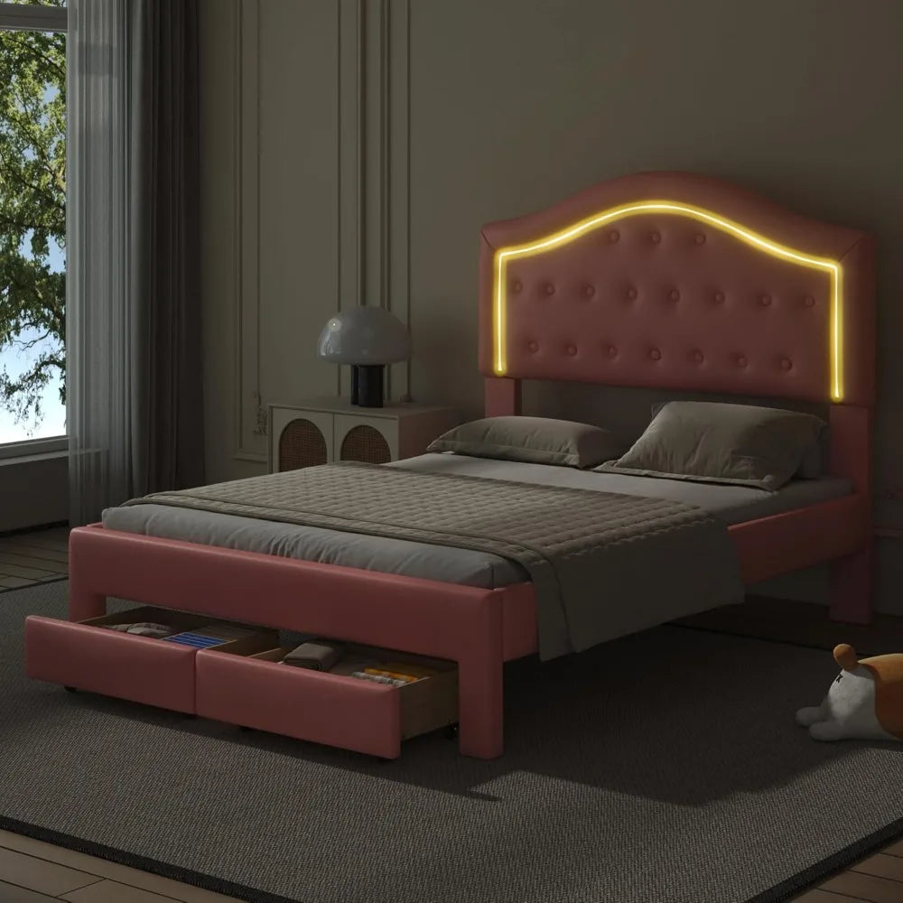 Modern Leather Bed with Tufted Headboard and LED Lighting