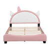 Modern Pink Velvet Platform Bed with Unicorn-Shaped Headboard and Storage Space