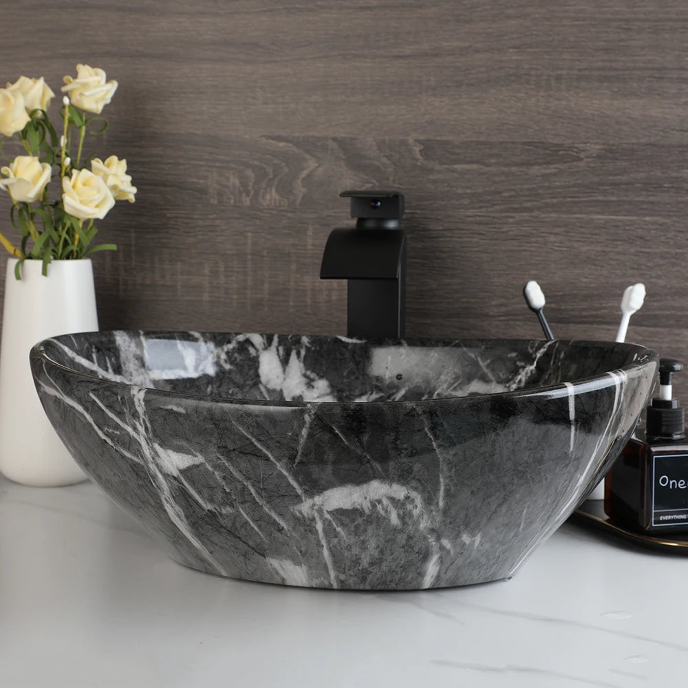 Contemporary Round Ceramic Vessel Sink with Antique Brass Waterfall Faucet & Pop-Up Drain