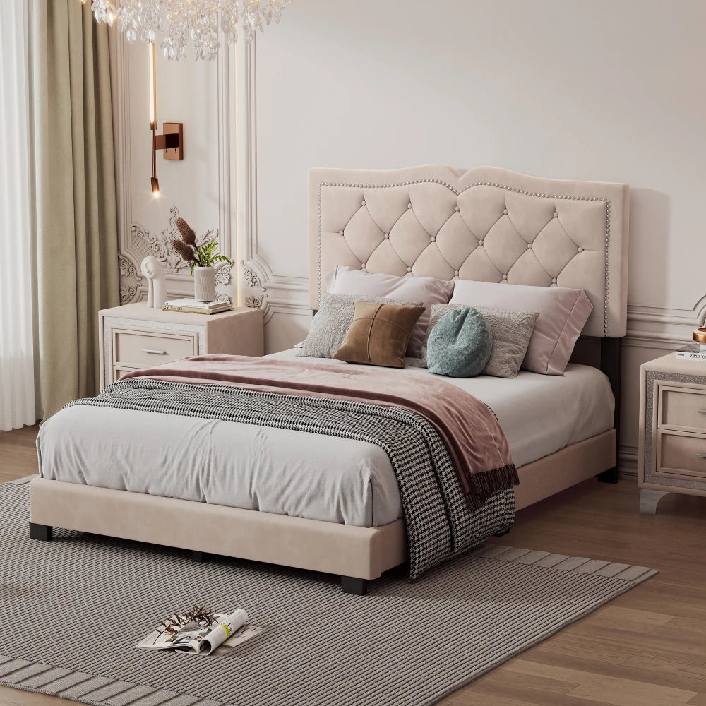 Modern  Velvet Platform Bed with Rivet Accents and Storage Space