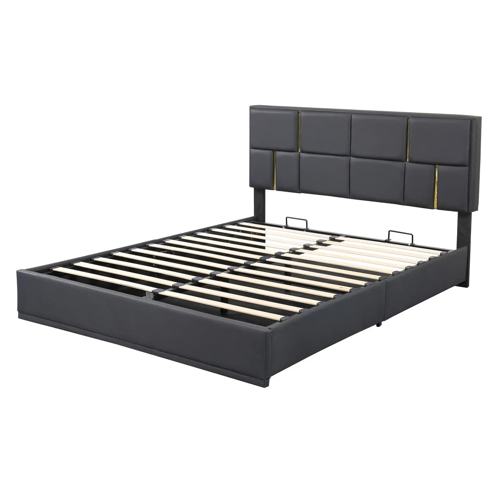 Modern Beige Velvet Platform Bed with Gold Accents and Hydraulic Storage Ottoman