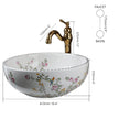 JIENI Bathroom Sinks Set Flower and Bird Painting Circular Ceramics Basin Deck Mount Washbasin W/ Stream Water Faucet Mixer Taps