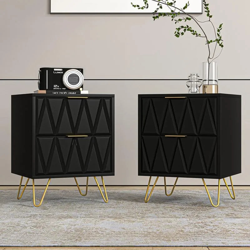 Modern Bedside Table with 2 Drawers & Gold Metal Legs