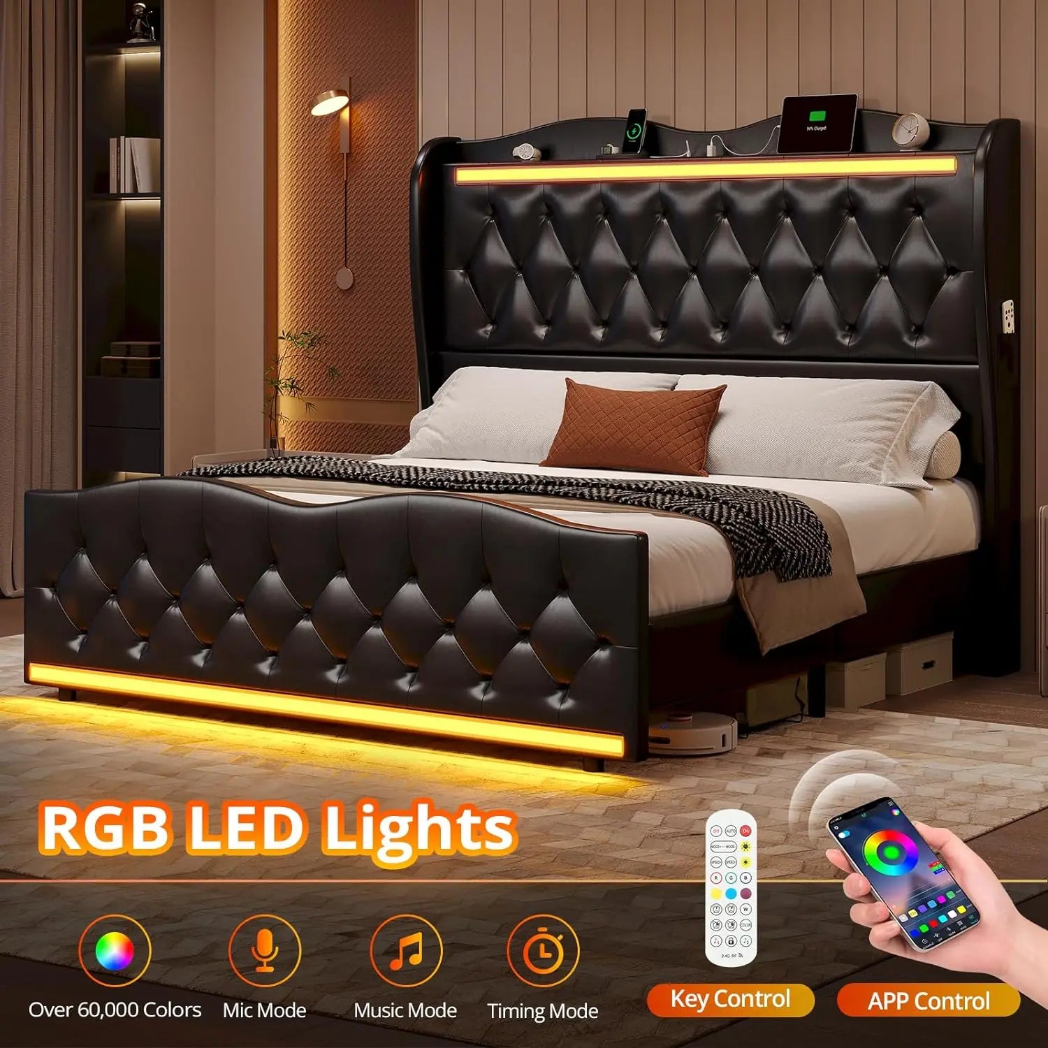 Queen Bed Frame with LED Headboard