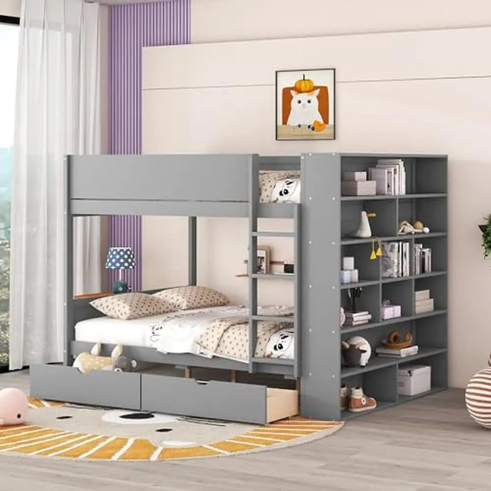 Modern Full over Full Bunk Bed with Storage Shelves and Drawers - Sleek Grey Finish