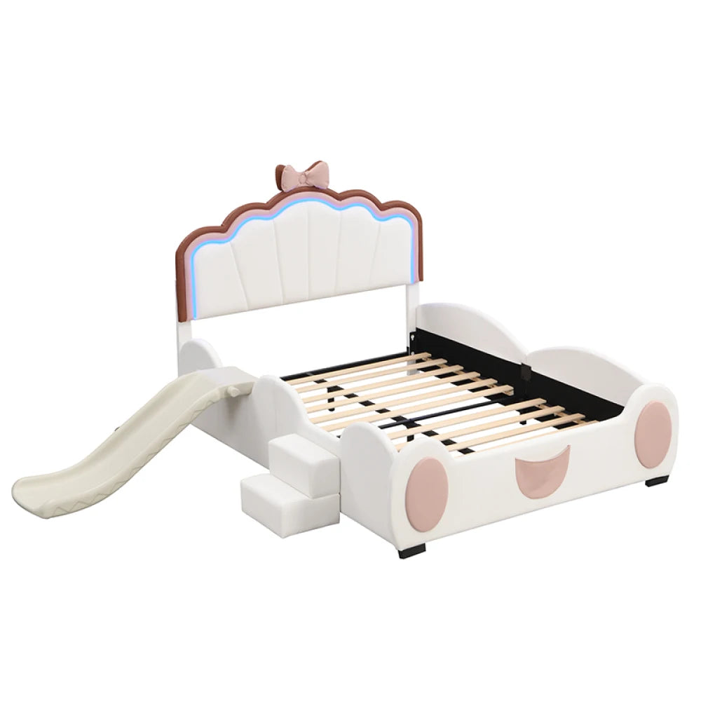 Full Size Seashell-Shaped Upholstered Bed Frame with LED Lights and Children's Slide - Pink & White