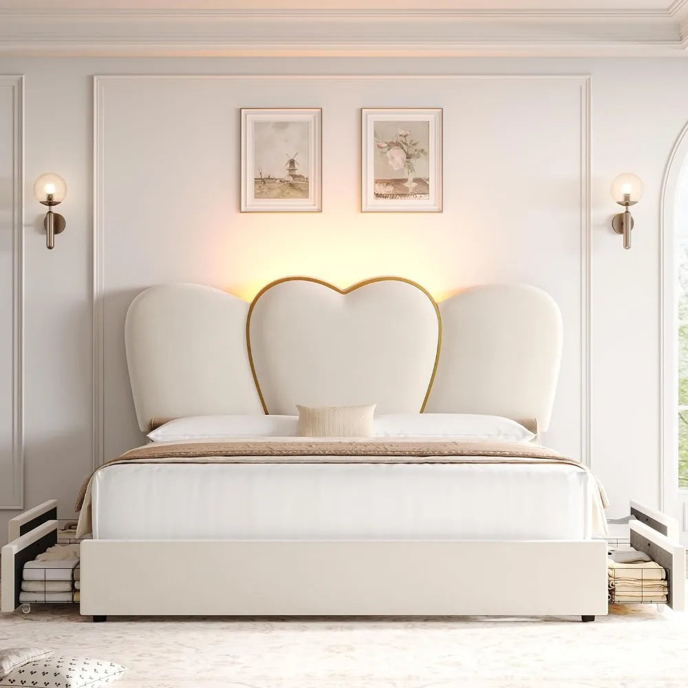 Modern Beige Bed Frame with Heart-Shaped Headboard and LED Lights