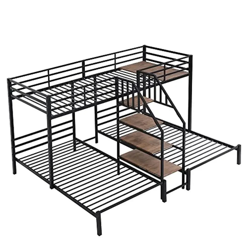 Versatile Metal Bunk Bed with Shelves and Sturdy Frame - Twin/Twin - Black