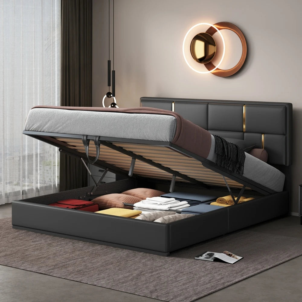 Modern Beige Velvet Platform Bed with Gold Accents and Hydraulic Storage Ottoman