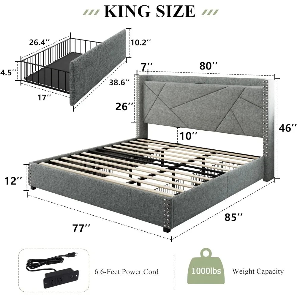 Full Size Bed Frame with Storage and Charging Features