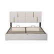 Modern Beige Velvet Platform Bed with Gold Accents and Hydraulic Storage Ottoman