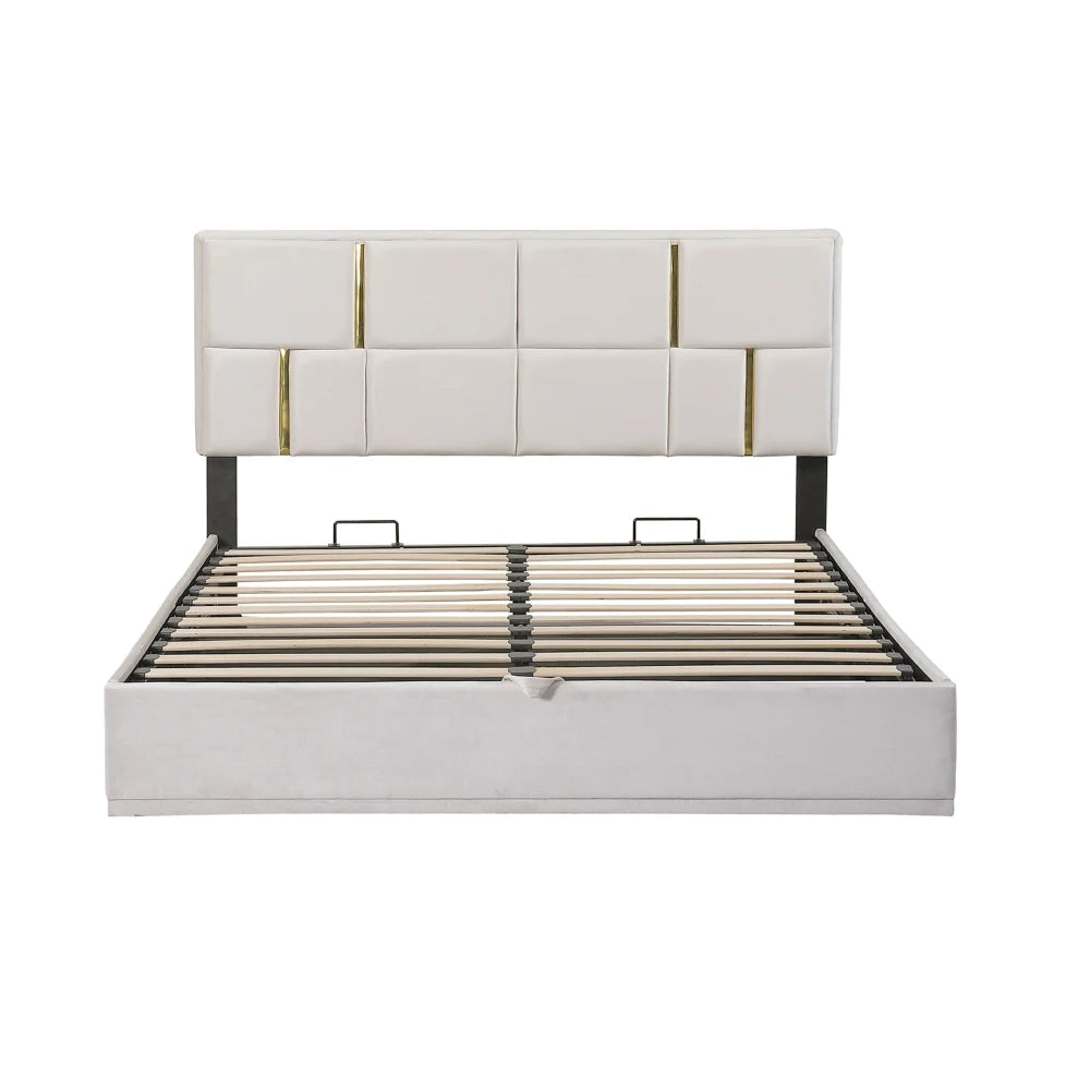 Modern Beige Velvet Platform Bed with Gold Accents and Hydraulic Storage Ottoman