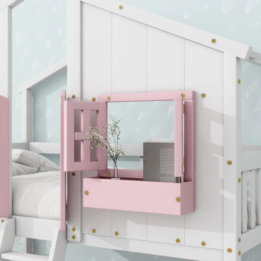 Kid's Wood House Roof Bunk Bed with Slide Ladder and Windows - Twin over Twin, Pink and White