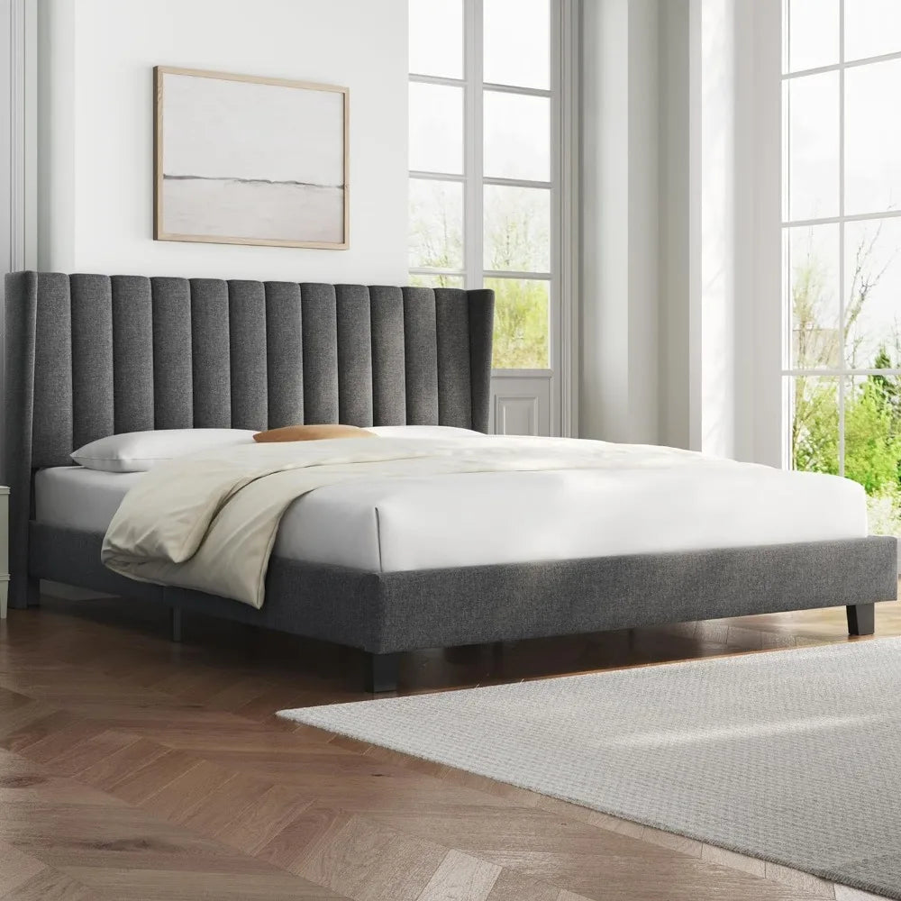 Queen Upholstered Platform Bed with Wing Design