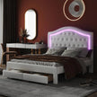 Modern Leather Bed with Tufted Headboard and LED Lighting