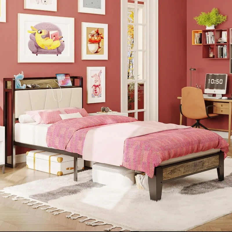 Modern Twin XL Platform Bed with Integrated Outlets and USB Ports