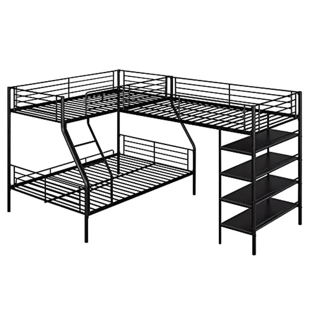 Space-Saving Triple Bunk Bed with Storage Shelves and L-Shaped Design