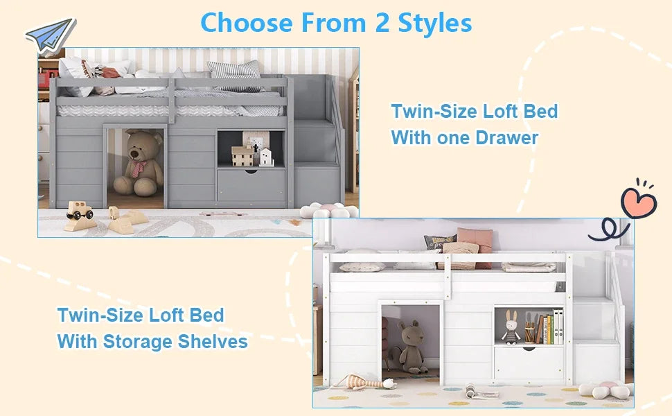 Modern Twin Low Loft Bed with Storage and Playhouse Structure - Solid and Spacious Bunk Bed for Kids