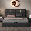 Modern Beige Velvet Platform Bed with Gold Accents and Hydraulic Storage Ottoman