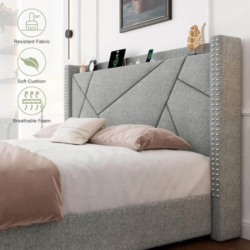 Full Size Bed Frame with Storage and Charging Features